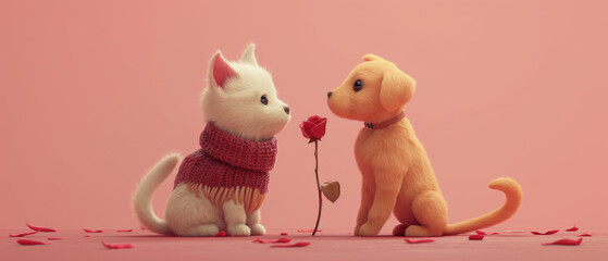 illustration of a kitten and a puppy in love, giving a rose for valentine