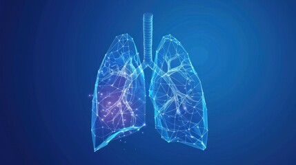 Human Lungs anatomy on wire frame illustration on blue background. AI generated image
