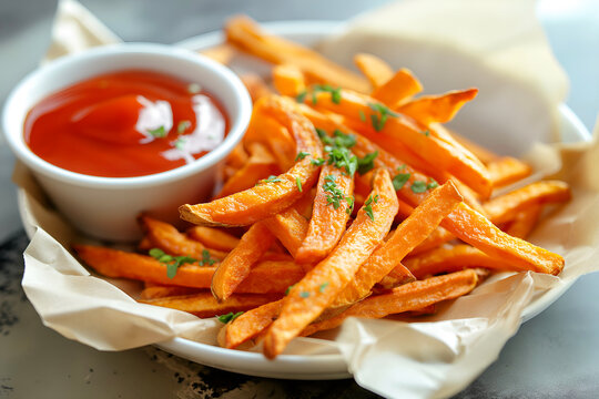 Close-Up Delicious Sweet Potato Fries Served With A Side Of Ketchup In Food Restaurant Interior, Fries Food Photography, Food Menu Style Photo Image