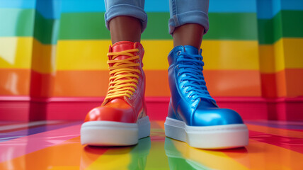 different colored colorful shoes on a rainbow colored ground and wall