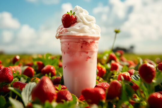 Close-Up Strawberry Shake Against A Backdrop Of A Field Of Strawberries, Beverage Photography, Drinks Menu Style Photo Image