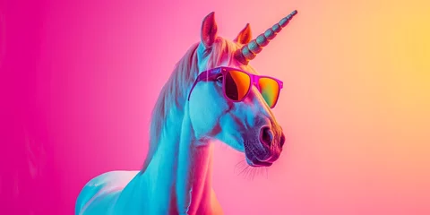 Foto op Plexiglas A whimsical portrait of a unicorn with vibrant pop-art vibes, donning stylish sunglasses © Dan