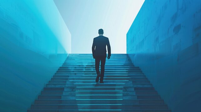 A businessman climbing stairs building to get success. AI generated image