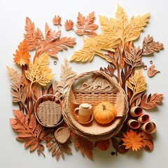 Autumn picnic scene in paper cut minimalist blanket basket surrounded by leaves