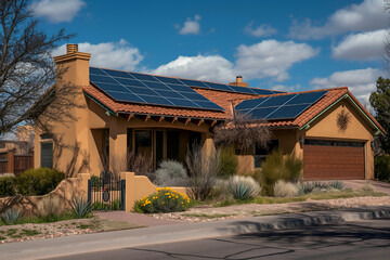 Fototapeta premium Modern Solar Panels Installed On A Albuquerque Home Under Clear Blue Sunny Sky, Solar Photography, Solar Powered Clean Energy, Sustainable Resources, Electricity Source