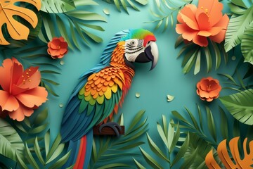 Colorful paper cut tropical birds, minimalist background