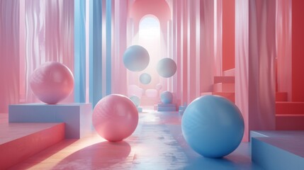 Floating 3D geometric shapes in a serene, pastel void