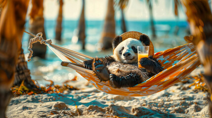 panda bear lies in a hammock on the beach, having a cocktail in the hand