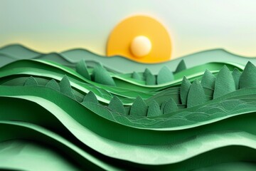 Minimalist paper cut green landscapes, peaceful, with rising sun