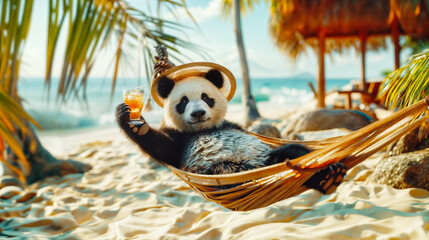 panda bear lies in a hammock on the beach, having a cocktail in his hand