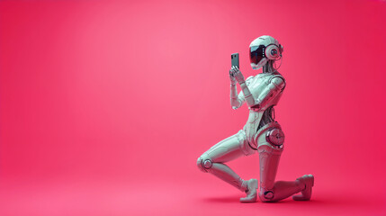 robot making photo with phone, she is half robot half human, isolated on pink background, copy space