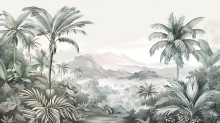 Fototapeta na wymiar Beautiful tropical landscape with palm trees and tropical leaves wallpaper. Hand Drawn Design. Luxury Wall Mural