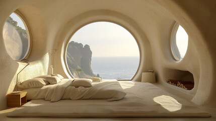 Modern interior design of a Mediterranean bedroom. Cutting-edge architecture, stone wall, arched...