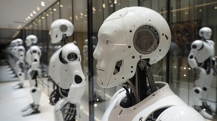 Futuristic Display: White Robots in A.I. Technology Showcase