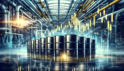 The image shows an array of black barrels in an industrial setting overlaid with digital stock market graphs, combining elements of energy and finance.

