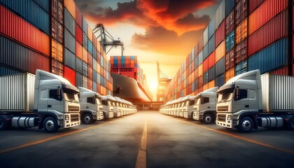 A symmetrical view of modern semi-trucks lined up between towering stacks of colorful shipping containers in a container terminal at sunset.

