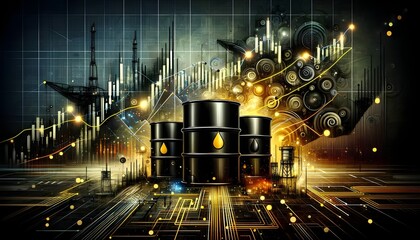 This digital artwork merges an oil refinery landscape with futuristic stock market graphics, emphasizing the blend of industry and finance.

