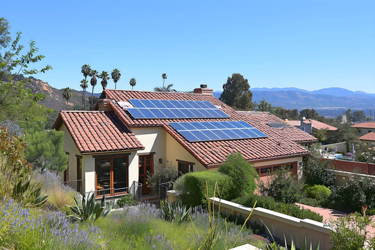 Modern Solar Panels Installed On A Los Angeles Home Under Clear Blue Sunny Sky, Solar Photography, Solar Powered Clean Energy, Sustainable Resources, Electricity Source