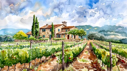 Panoramic view of green valley landscape with brick houses, vineyards, groves, poppies and cypress...