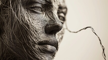 A serene wire sculpture portrait radiating tranquility and complexity