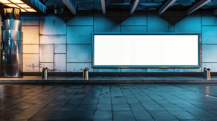Blank white billboard on office building wall at night