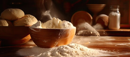An image showing the process of pouring flour from a container into a bowl placed on a wooden table