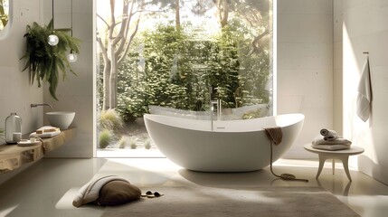 Minimalist style interior design of modern bathroom with concrete wall.Minimalist style interior...