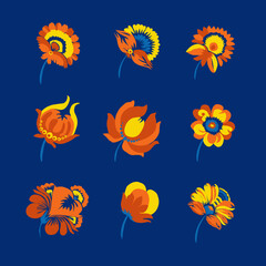 Flower logo. Traditional Ukrainian painting of Petrykivka. Elements of blue and yellow floral ornament. Decorative vector illustration.