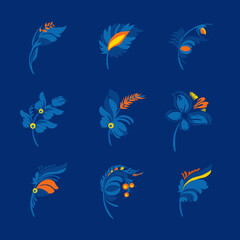 Fototapeta na wymiar Flower logo. Traditional Ukrainian painting of Petrykivka. Elements of blue and yellow floral ornament. Decorative vector illustration.