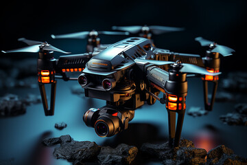 3D rendering of a drone flying in the mountains with a blurred background