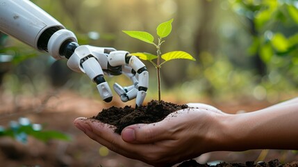 A person holding a plant in their hands with a robot hand touching and checking the soil