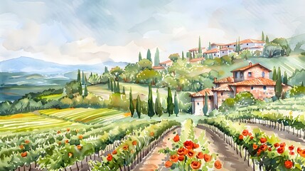 Panoramic view of green valley landscape with brick houses, vineyards, groves, poppies and cypress trees, front view.Watercolor or aquarelle painting illustration. - obrazy, fototapety, plakaty