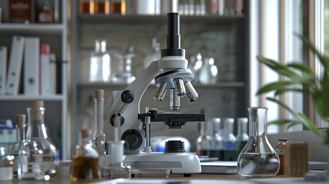 3d Rendering modern microscope science with chemical tube and glassware in laboratory. AI generated