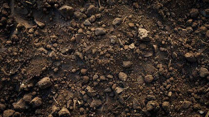 A detailed view of a dirt field covered with rocks and soil particles. - obrazy, fototapety, plakaty
