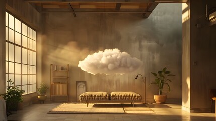 1980s Nordic Minimalism Captured in a Living Room with a Surreal Floating Cloud - obrazy, fototapety, plakaty