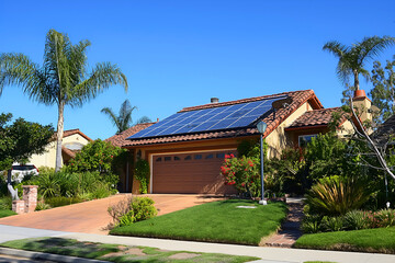 Obraz premium Modern Solar Panels Installed On A San Diego Home Under Clear Blue Sunny Sky, Solar Photography, Solar Powered Clean Energy, Sustainable Resources, Electricity Source