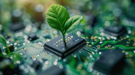 Circuit board with microchip processor technology and plant sprout on blur background. AI generated