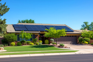 Fototapeta na wymiar Modern Solar Panels Installed On A Arizona Home Under Clear Blue Sunny Sky, Solar Photography, Solar Powered Clean Energy, Sustainable Resources, Electricity Source