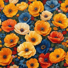 Pattern of vibrant California poppies orange yellow blue flower in full bloom