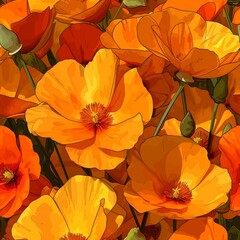Pattern of vibrant orange and yellow California poppies flower in full bloom