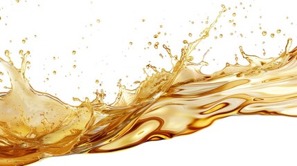 Macro detail view golden oil splash isolated white background. AI generated image