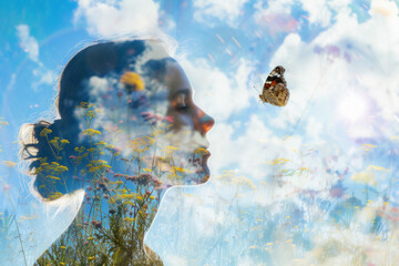 Artistic Double Exposure Portrait of Woman Merging with Nature and Butterfly