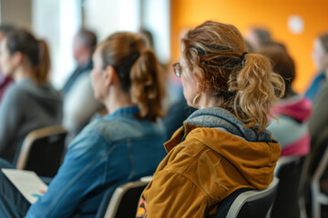 Diverse Participants at a Seminar, Rear View of Attentive Audience in a Bright Meeting Room - obrazy, fototapety, plakaty