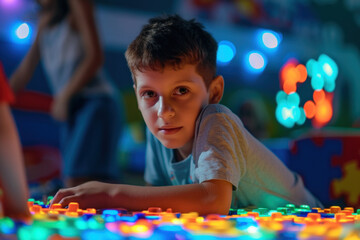 Curious Child Playing with Illuminated Colorful Light Blocks, Creative Play in Soft Focus

