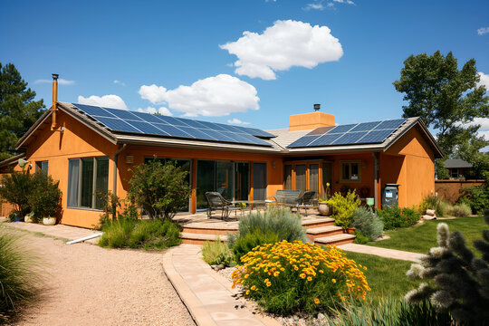 Modern Solar Panels Installed On A Albuquerque Home Under Clear Blue Sunny Sky, Solar Photography, Solar Powered Clean Energy, Sustainable Resources, Electricity Source
