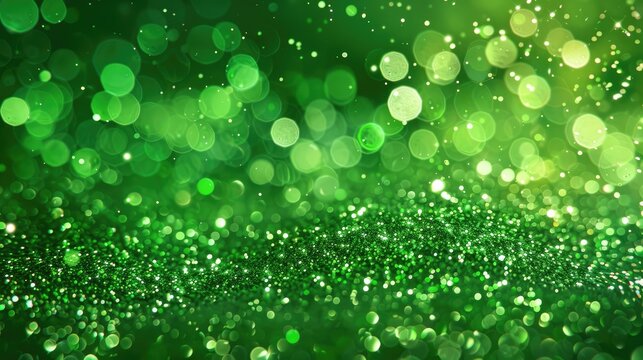 Green glitter celebration abstract background for Christmas, St. Patrick's Day greeting card.