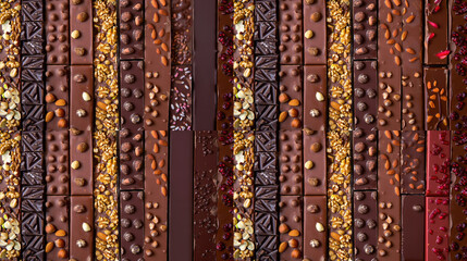 Top view of chocolate bars and nuts arranged in a mouth-watering layers display, Tempting textures, nuts