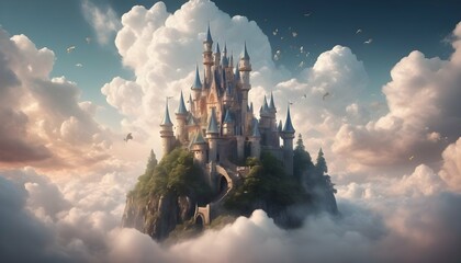 Whimsical Fairy Tale Inspired Castle In The Cloud Upscaled 2 - obrazy, fototapety, plakaty
