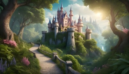 Whimsical Fairytale Castle Nestled In A Lush Enc - obrazy, fototapety, plakaty