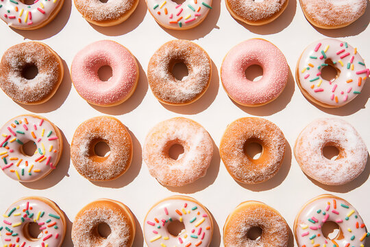 Overhead Shot Of Donuts Scattered On A Table Bakery Background, Bakery Photography, Food Menu Style Photo Image